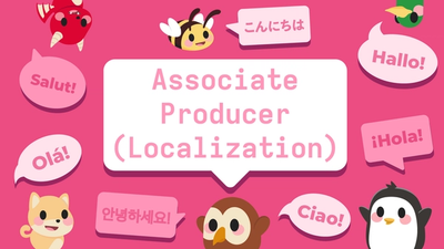 Text reads 'Associate Producer (Localization).  Around the text, the word 'hello' in various languages.  Also, cute animals like a bumble bee, penguin and owl.  