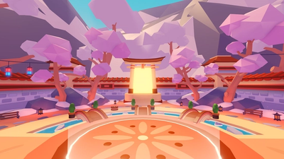 A towering gate overlooks a serene courtyard surrounded by cherry blossom trees. This image depicts the event area for the Adopt Me Lunar New Year event.