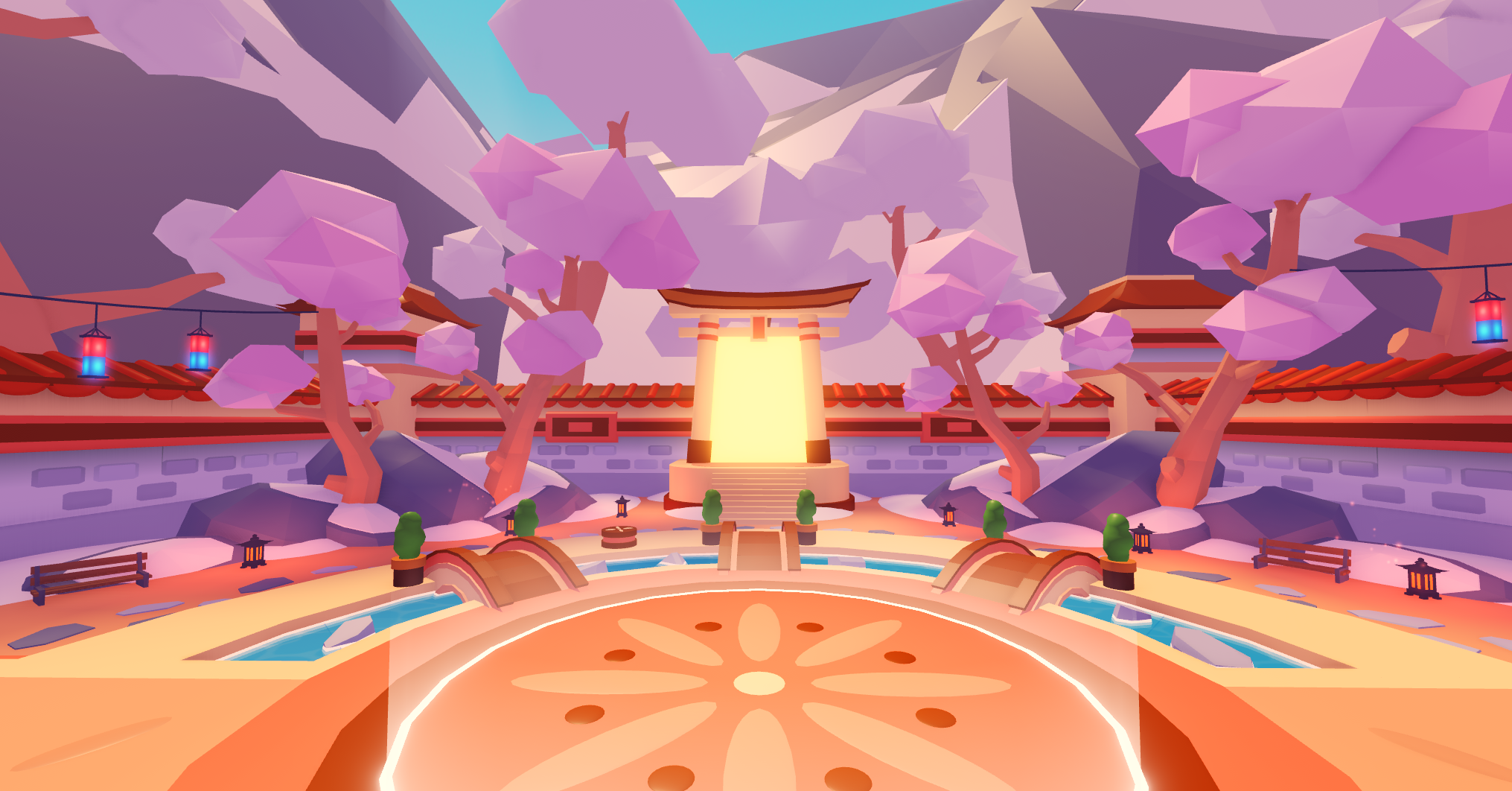 A towering gate overlooks a serene courtyard surrounded by cherry blossom trees. This image depicts the event area for the Adopt Me Lunar New Year event.