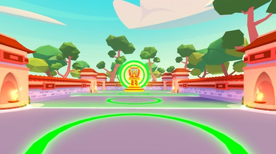 A giant red dragon statue towers over a grey arena lit up with green circles and lines. The arena is surrounded by stone walls and overlooked by trees.