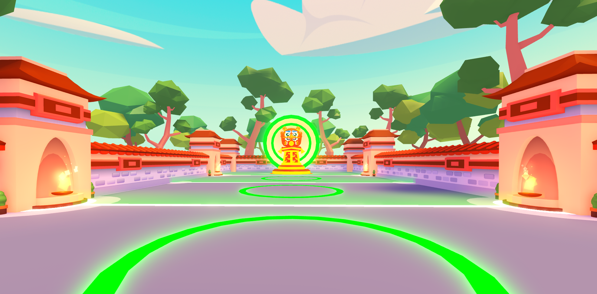 A giant red dragon statue towers over a grey arena lit up with green circles and lines. The arena is surrounded by stone walls and overlooked by trees.