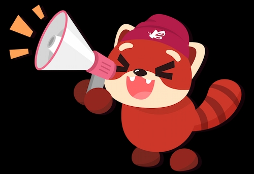 A stylized Adopt Me red panda wearing an Uplift Games beanie, shouting into a microphone.